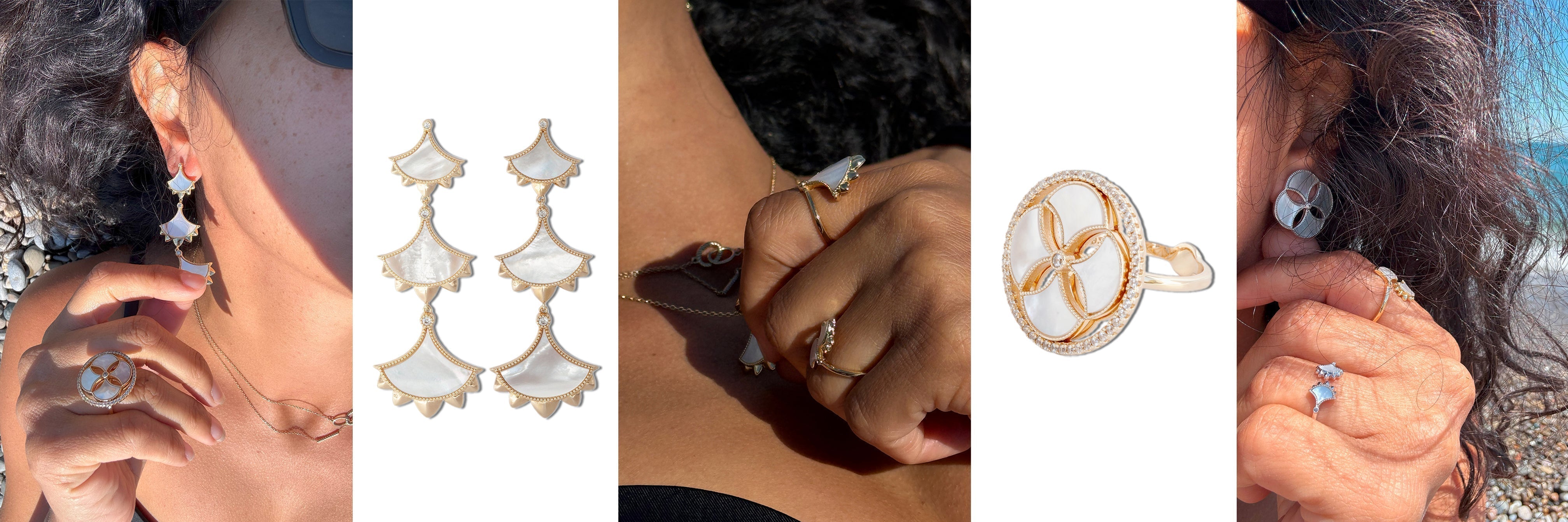 Close‑up of mother‑of‑pearl drop earrings and bold statement ring styled with minimal beachwear and sunlit skin | Cirque D’Or Canada USA