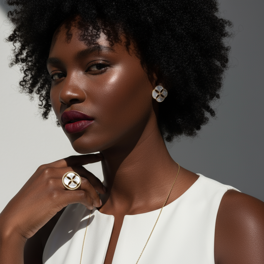 Woman wearing a pair of Cirque D'Or Mother Of Pearl and Zircon Stud Earrings in Gold Vermeil on Sterling Silver finish.