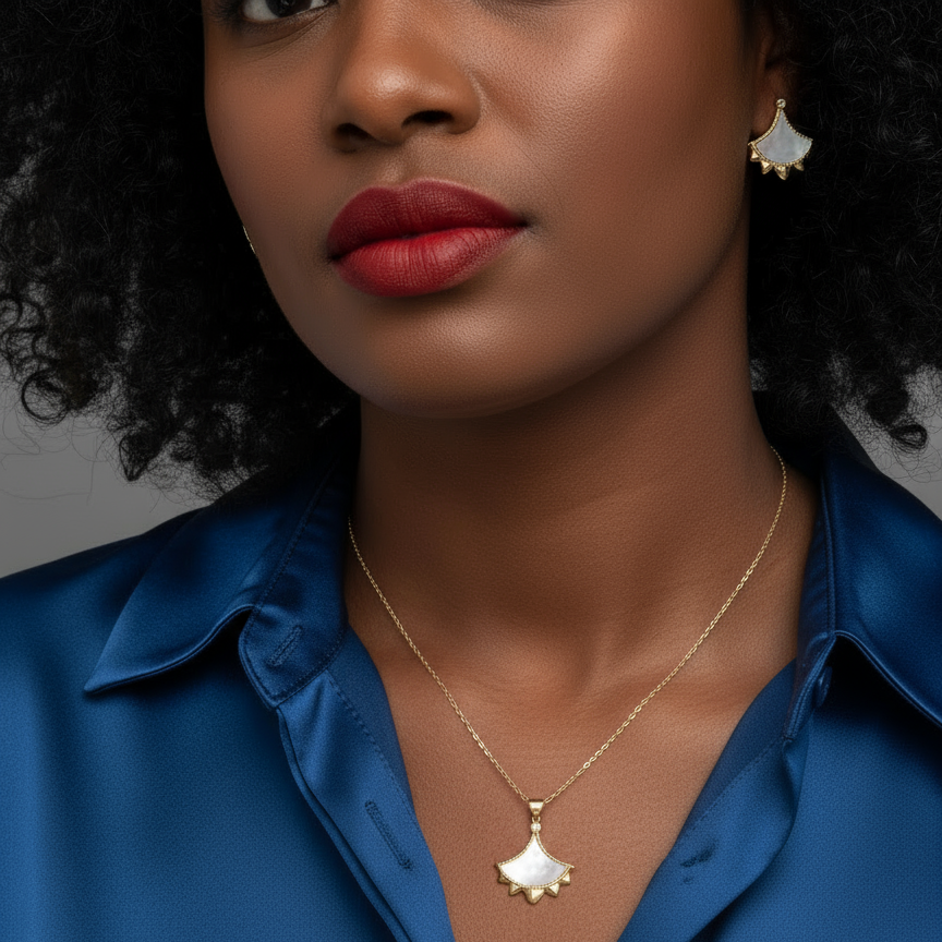 Woman wearing a pair of Cirque D'Or Mother Of Pearl and Zircon Stud Earrings in Gold Vermeil on Sterling Silver finish.