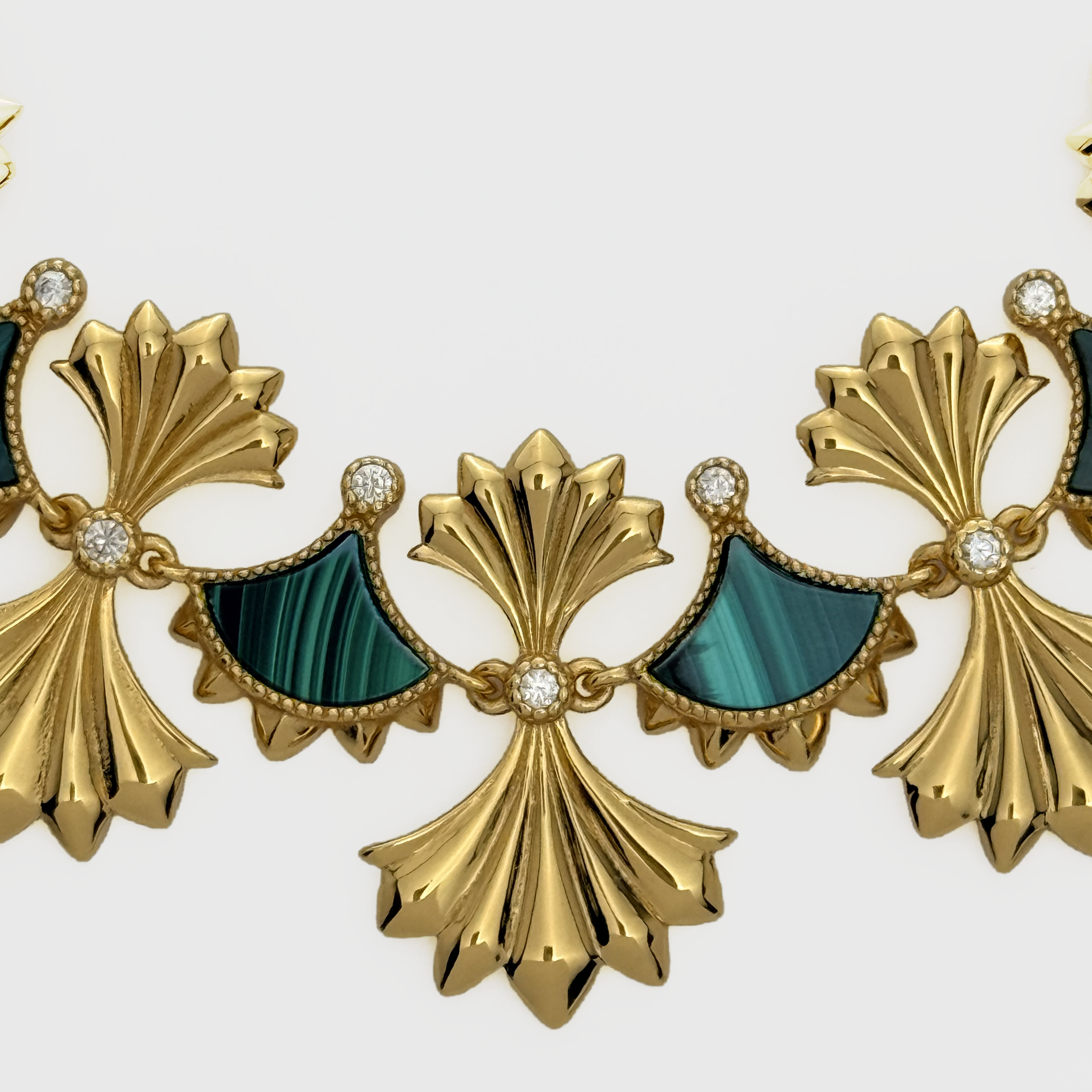 Closeup of Gold Vermeil and Malachite Necklace on a white background