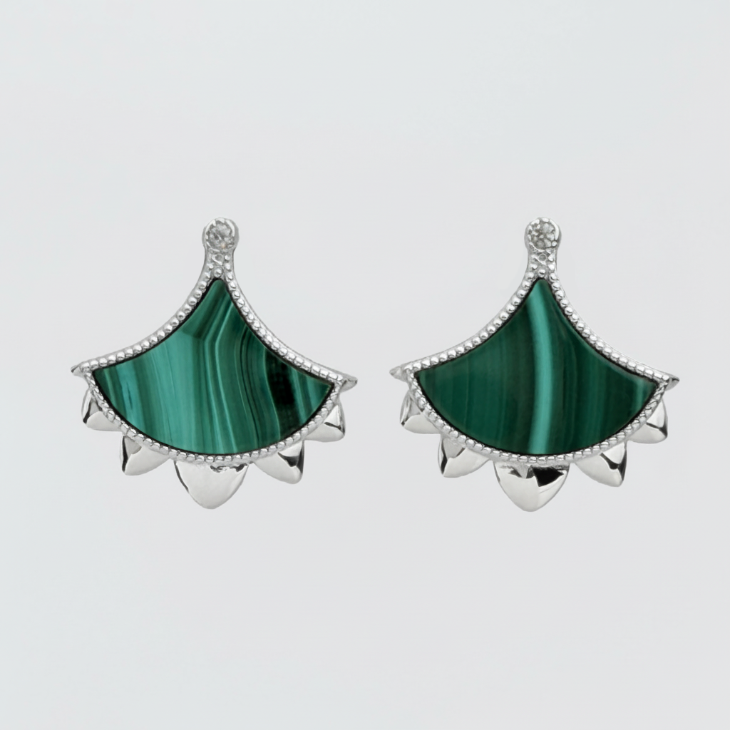 Dôme Malachite Statement Single Motif Earrings Plated in Rhodium | Cirque D'Or Canada USA
