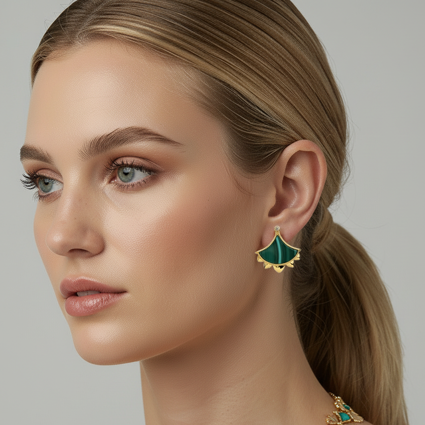 Woman wearing a pair of Cirque D'Or Malachite and Zircon Stud Earrings and Necklace in Gold Vermeil on Sterling Silver finish.