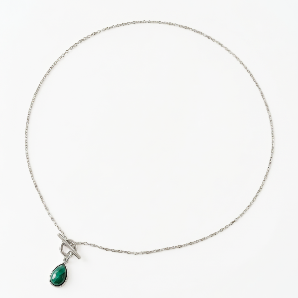 Tempo Anchor malachite toggle necklace in rhodium silver with natural malachite drop | Cirque D'Or