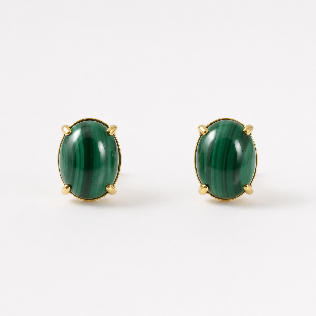 Tempo Axis malachite oval stud earrings in 18kt gold vermeil over sterling silver | Cirque D'Or Canada USA
