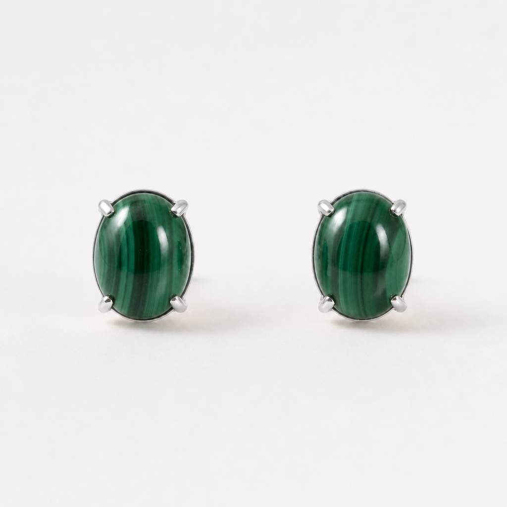 Tempo Axis malachite oval stud earrings in rhodium-plated sterling silver | Cirque D'Or Canada USA