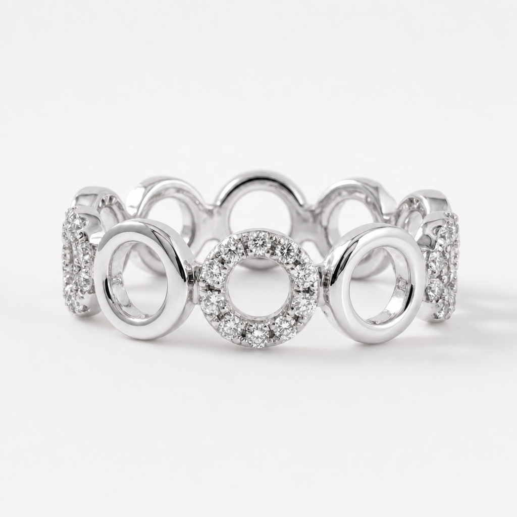 Rhodium Tempo Cyr Continuum Zircon Ring with interlocking circular links and pavé zircon in a continuous modern band | Cirque D'Or Canada USA