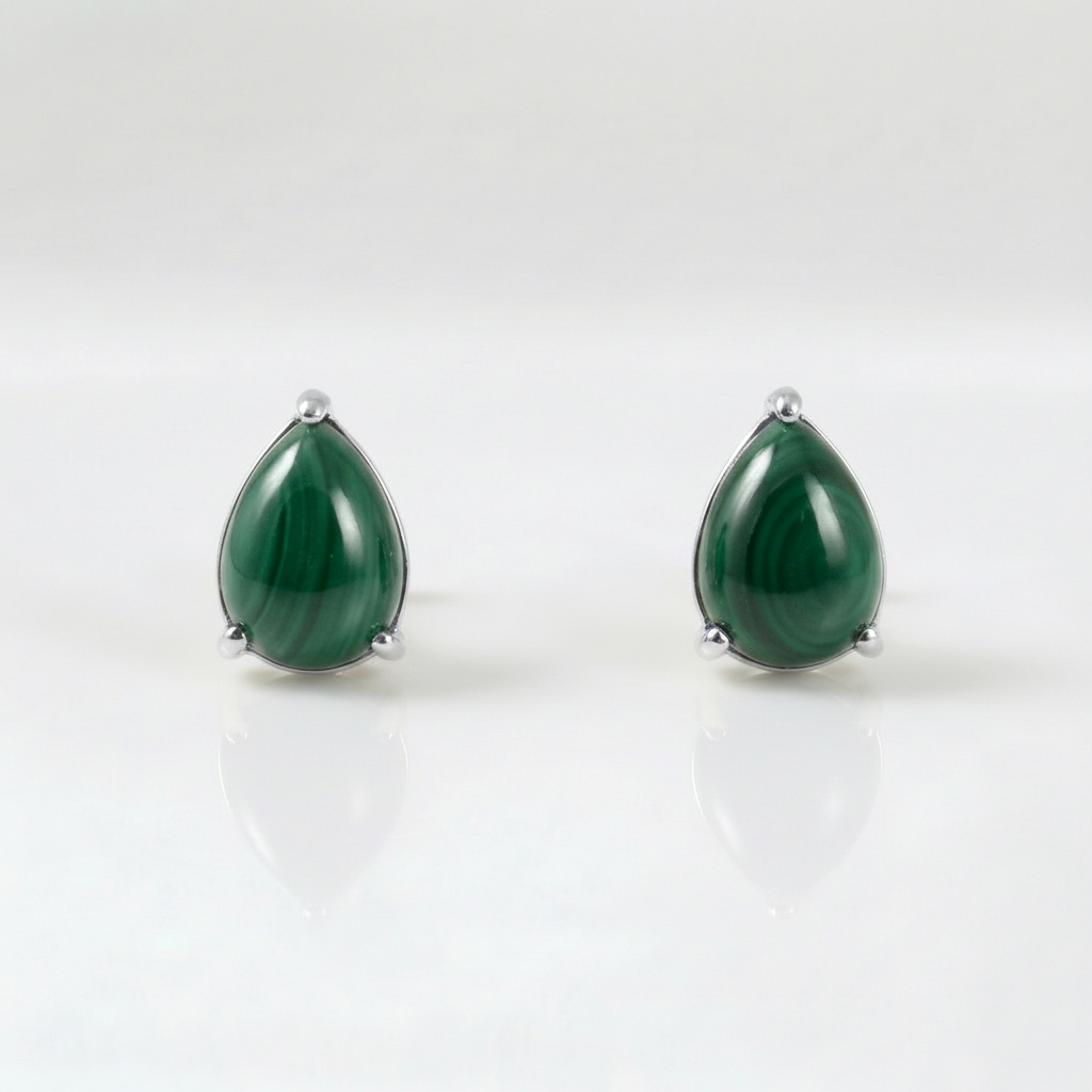 Tempo Drop malachite pear stud earrings in rhodium-plated sterling silver | Cirque D'Or Canada USA
