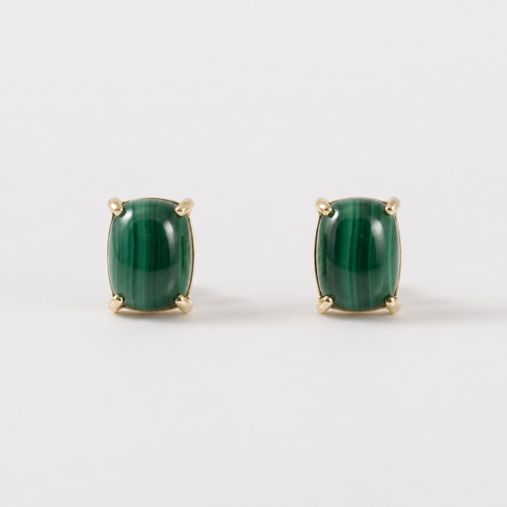 Tempo Form malachite cushion stud earrings in 18kt gold vermeil over sterling silver | Cirque D'Or Canada USA