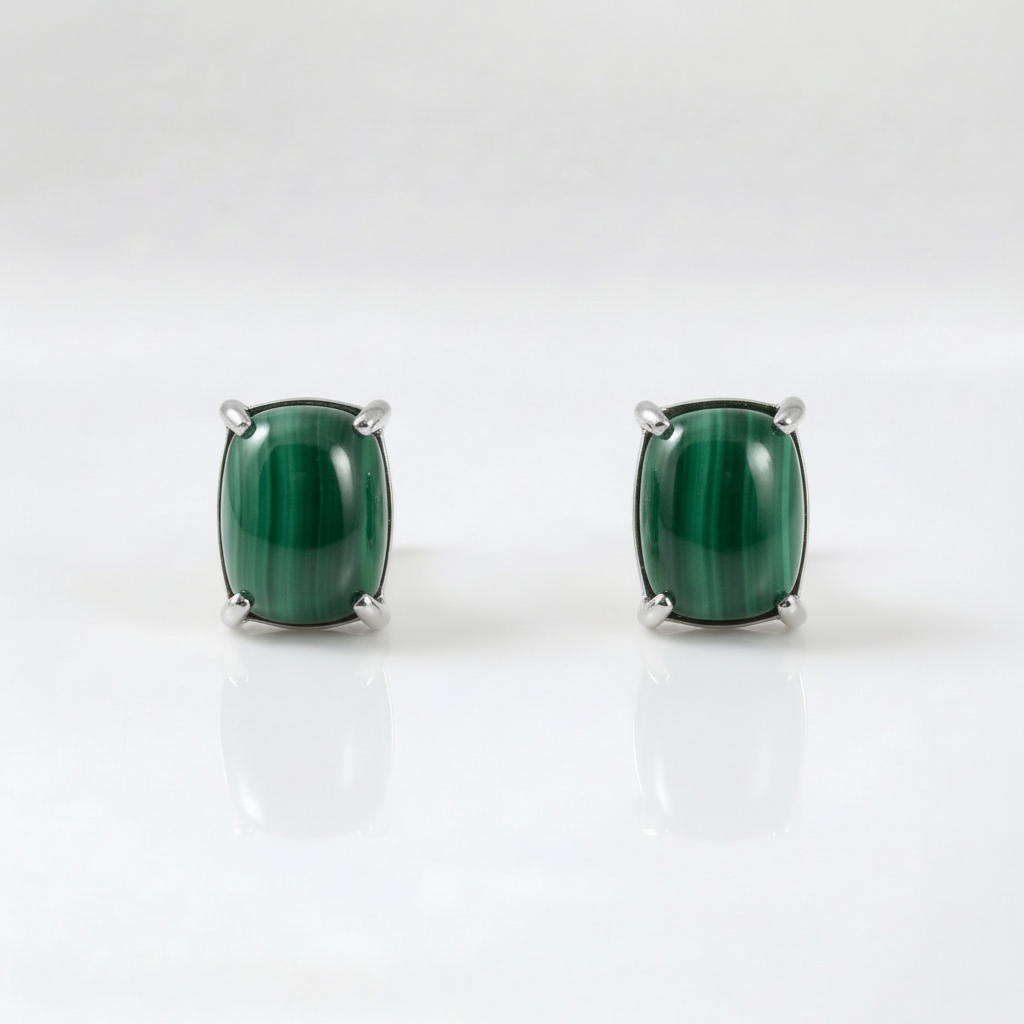 Tempo Form malachite cushion stud earrings in rhodium-plated sterling silver | Cirque D'Or Canada USA