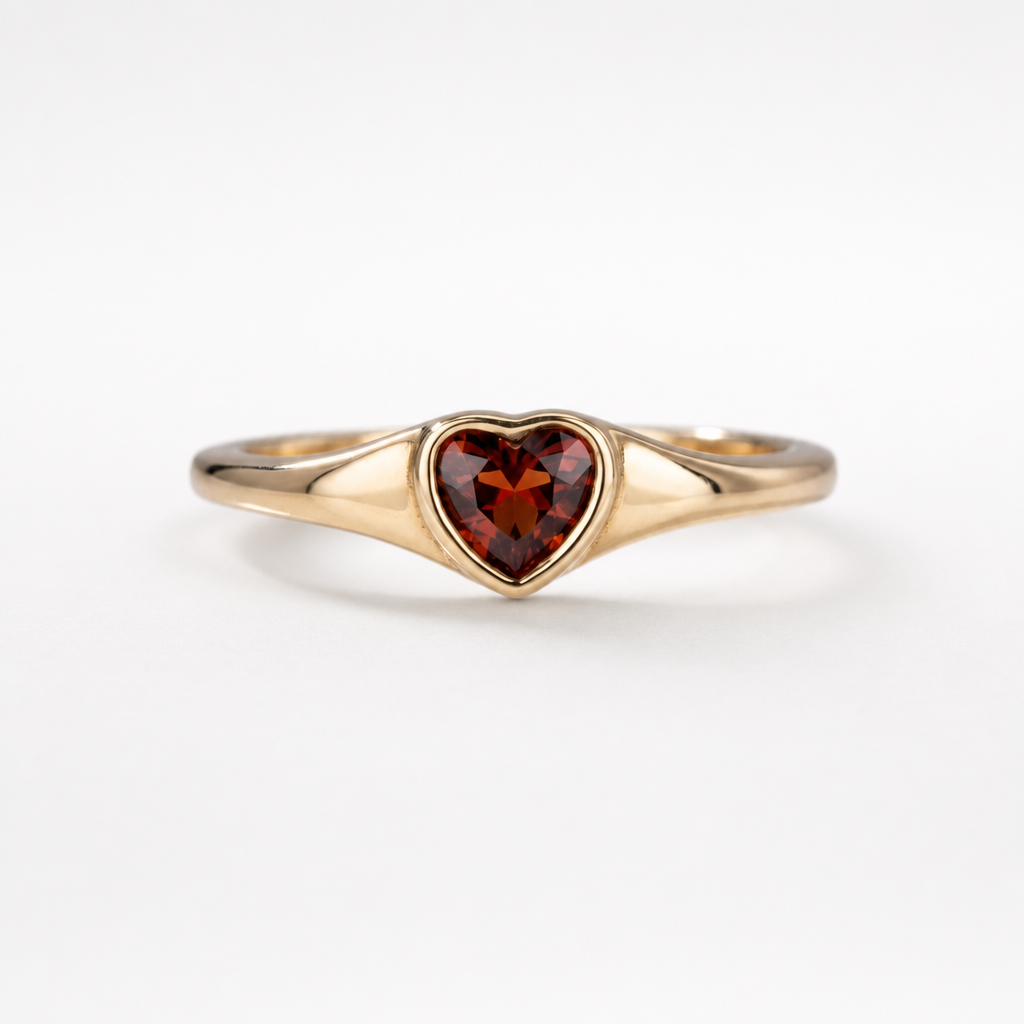 Heart-shaped garnet ring in 18kt gold vermeil over sterling silver, shown on a neutral background | Cirque D'Or Canada USA
