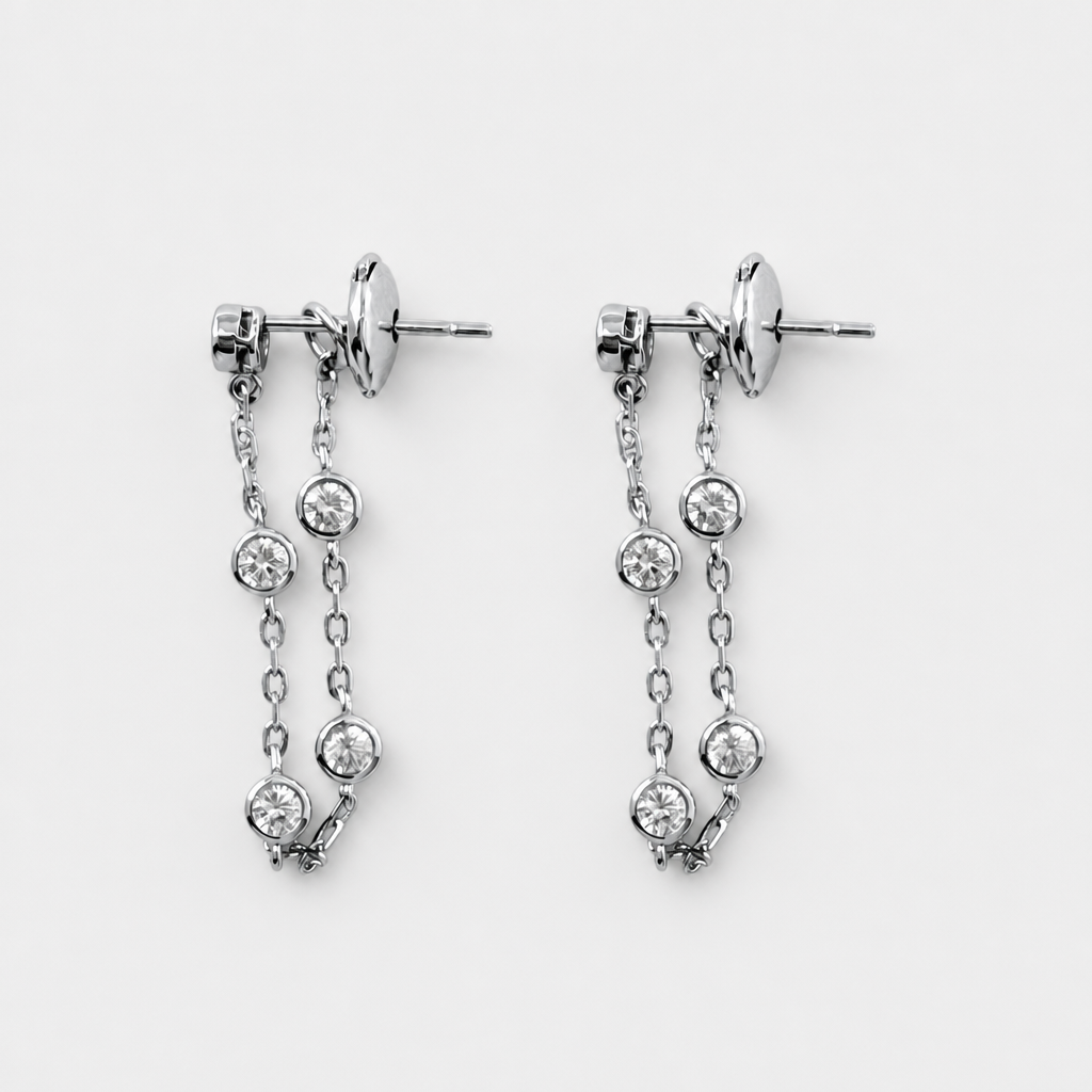Tempo Line Zircon Stud Earrings in Rhodium-Plated Sterling Silver worn on ear, showcasing minimalist linear sparkle | Cirque D'Or Canada USA