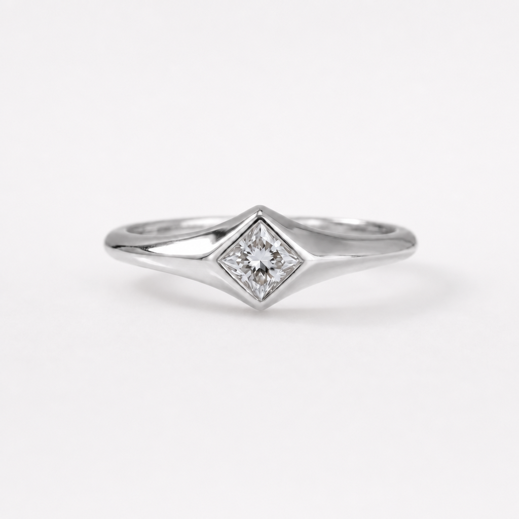 Tempo Quadrant zircon ring in rhodium-plated sterling silver with princess-cut zircon in sculpted geometric setting | Cirque D’Or Canada USA