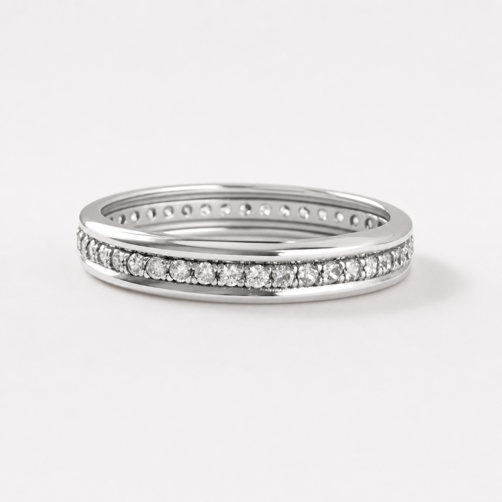 Zircon band ring in rhodium-plated sterling silver, displayed on neutral background | Cirque D'Or Canada USA