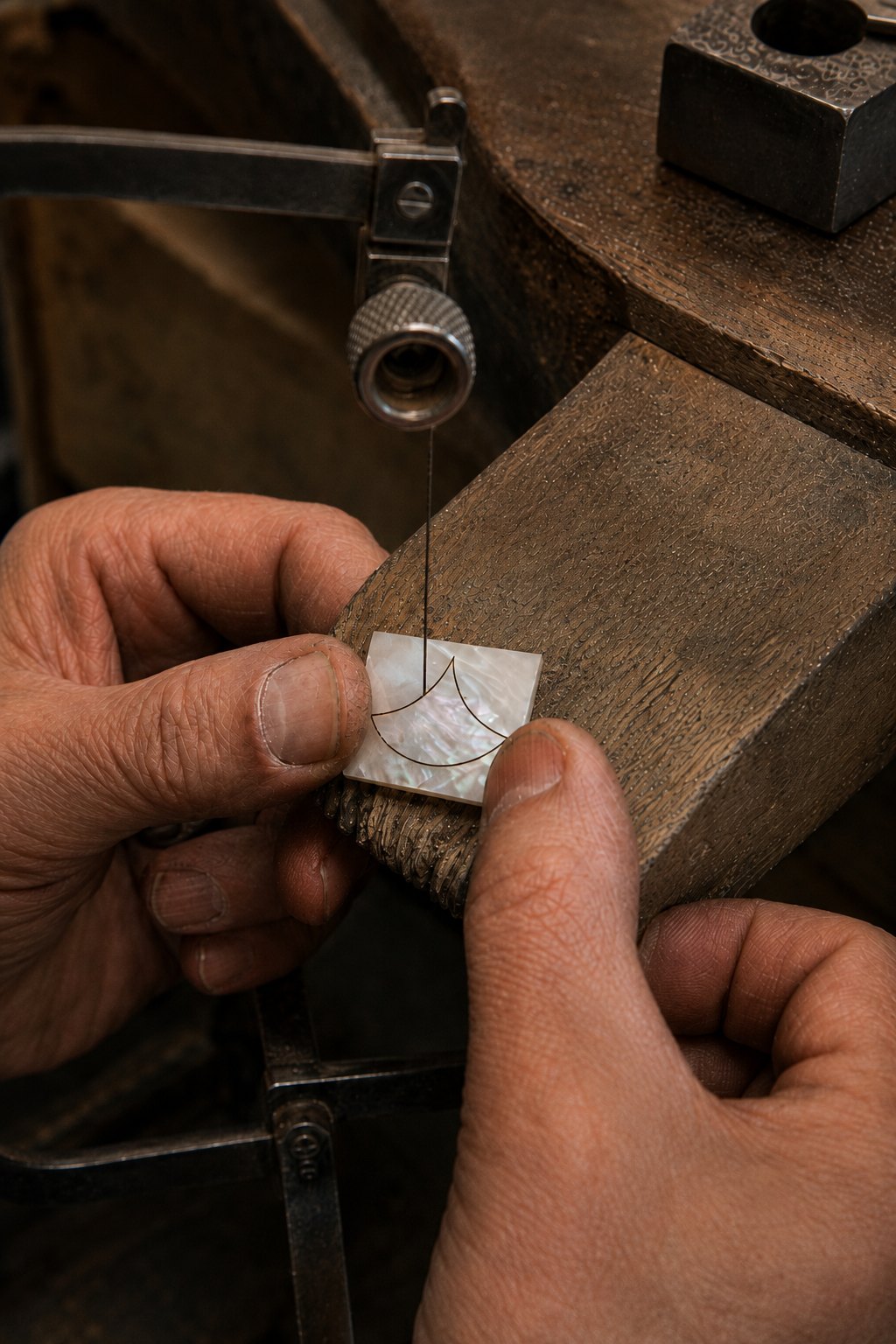 Mother of Pearl being cut for a Cirque D’Or Dôme motif