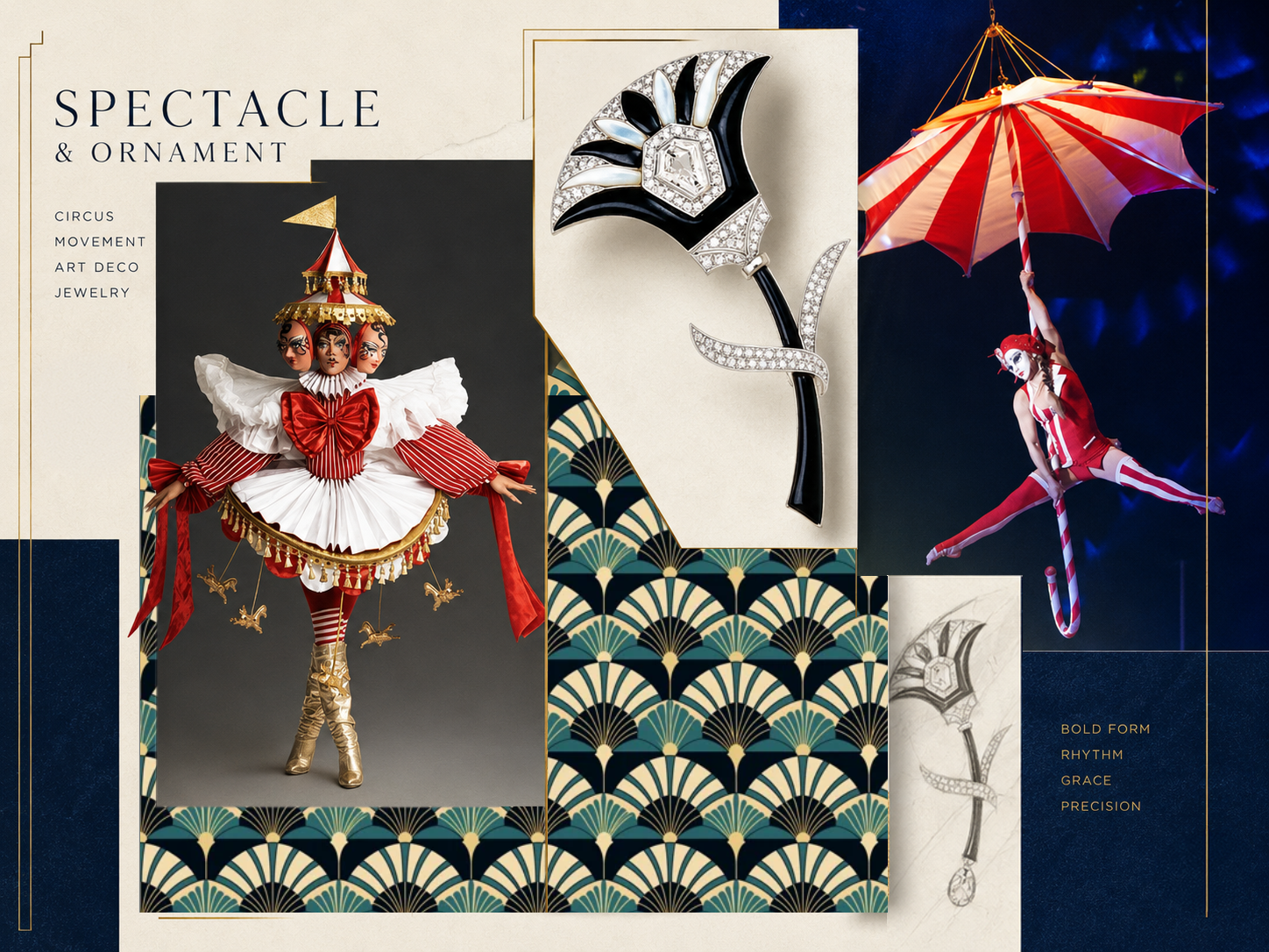 Cirque D’Or inspiration mood board combining circus movement, Art Deco ornament and jewellery references