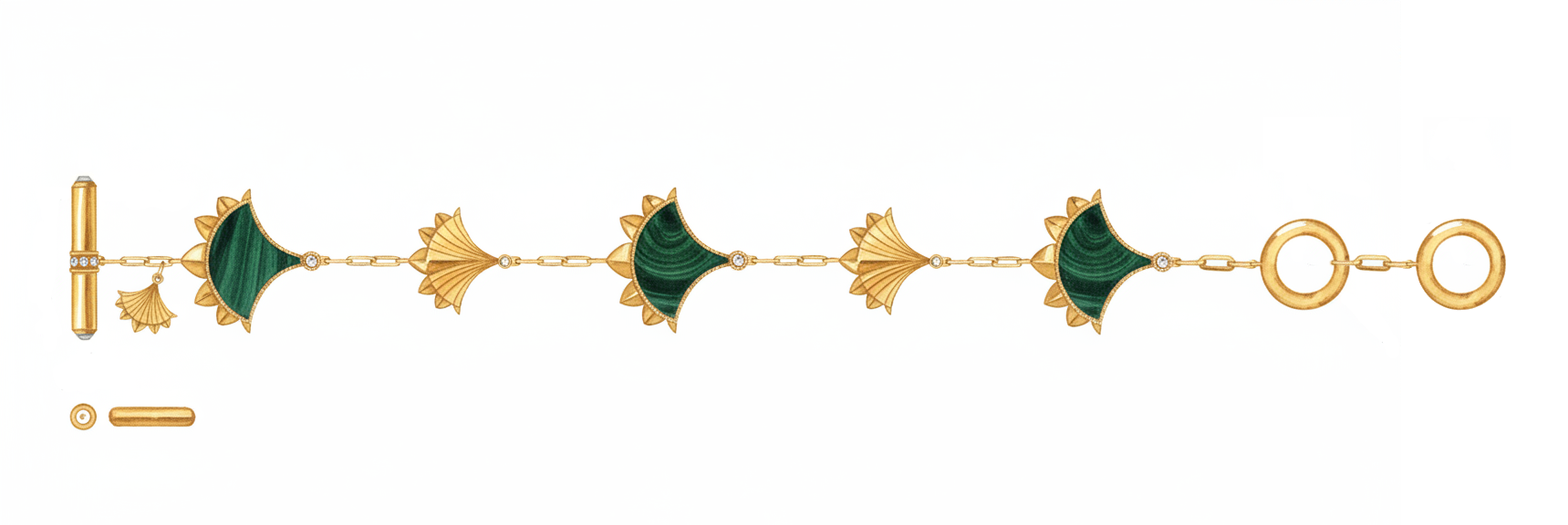 “Watercolor illustration of a malachite and gold statement bracelet, featuring linked sculptural motifs inspired by Cirque D’Or.