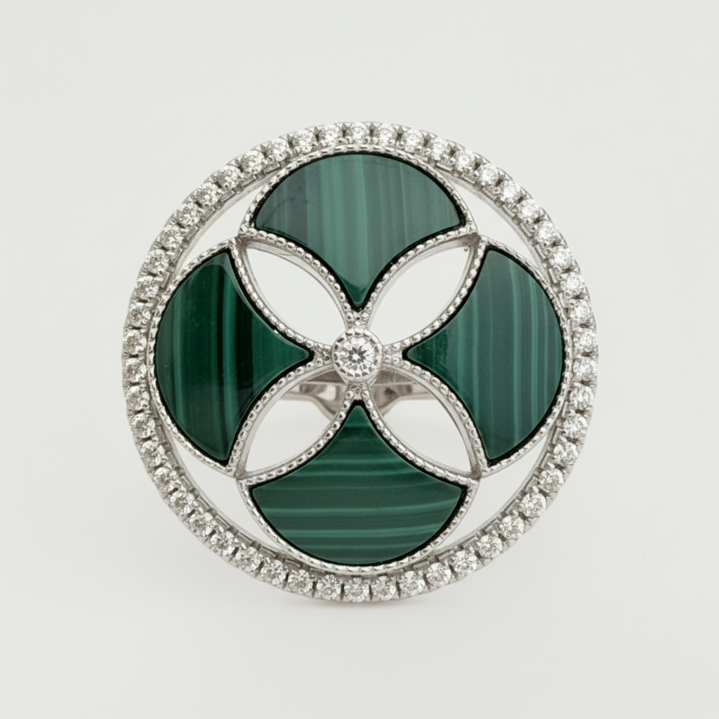Dôme Malachite Statement 4 Motif Ring Plated in Rhodium | Cirque D'Or Canada USA