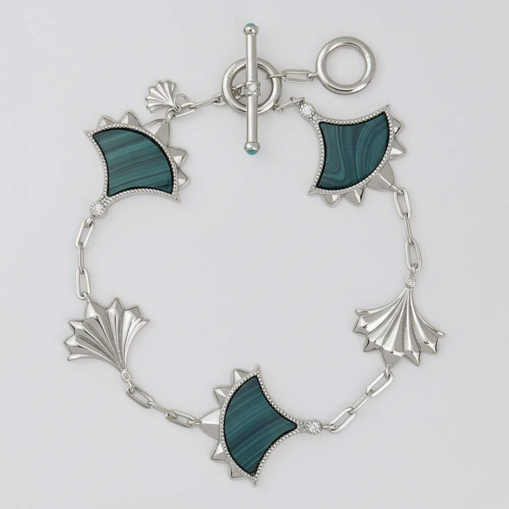 Dôme Gemstone Statement Multi Motif Malachite Bracelet Plated in Rhodium | Cirque D'Or Canada USA