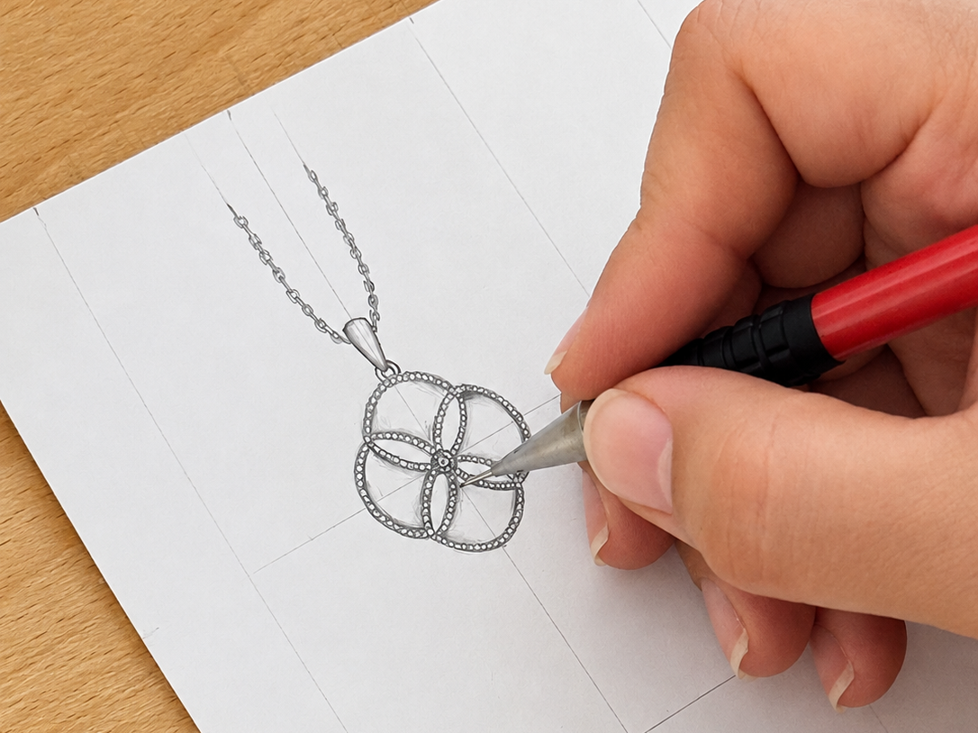 Hand drawing of a Cirque D’Or Dôme Mother of Pearl pendant