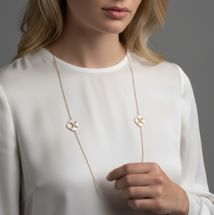 Woman wearing a Mother Of Pearl and Zircon necklace from Cirque D'Or in Gold Vermeil on Sterling Silver finish.