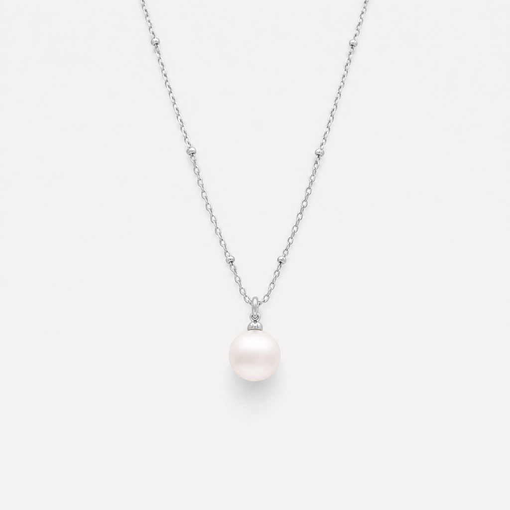 Tempo Solo Freshwater Pearl Necklace in rhodium-plated sterling silver with single pearl pendant and beaded chain | Cirque D'Or Canada USA