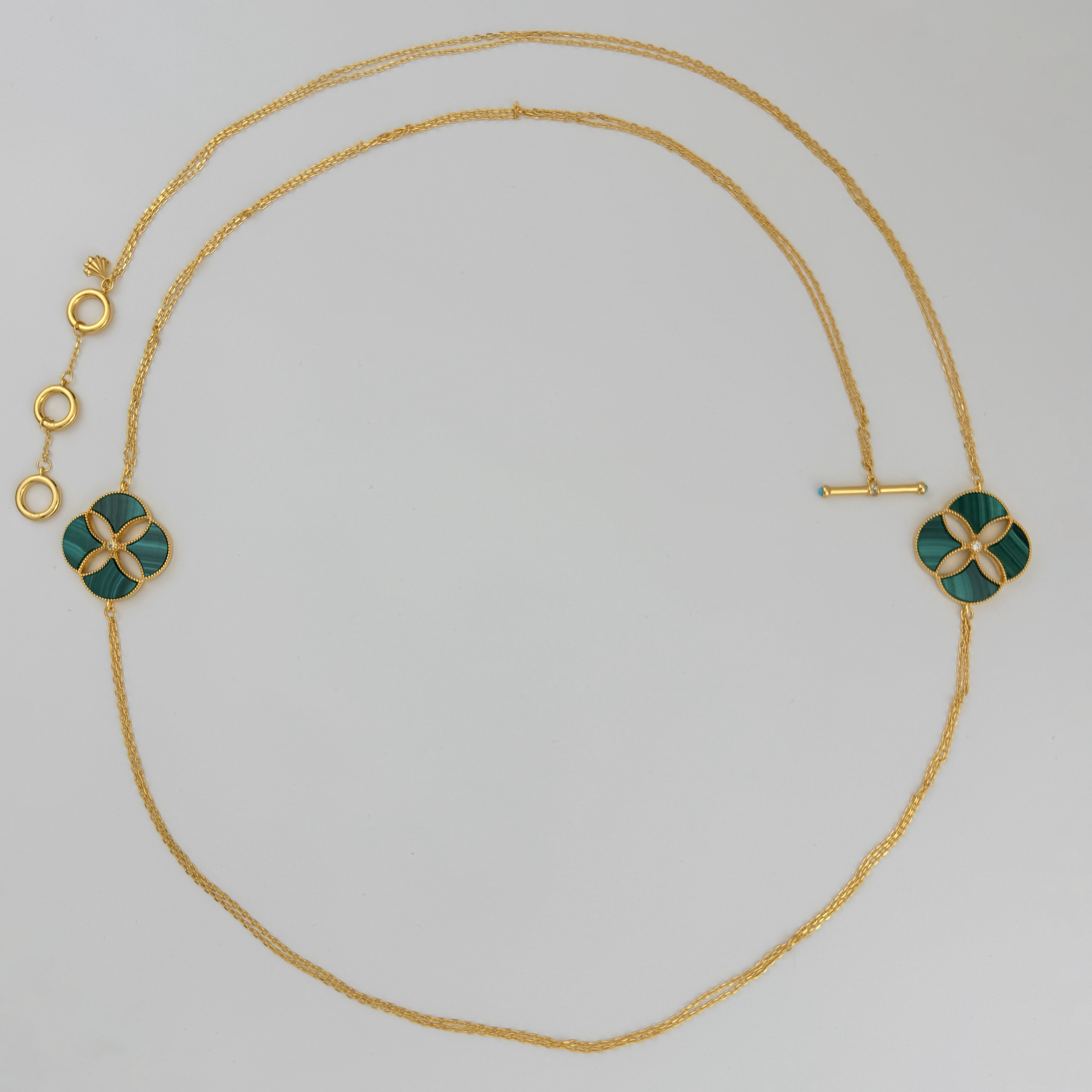 Dôme Malachite Double Station 4 Motif Long Necklace Plated in Vermeil | Cirque D'Or Canada USA