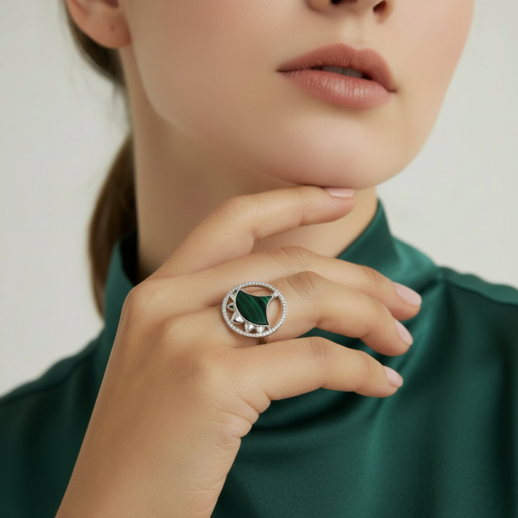 Close-up of a model wearing a Malachite Dome ring on a plain background.