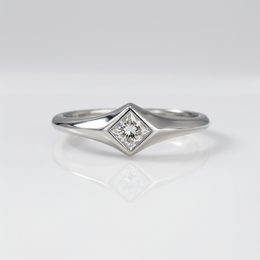 Tempo Quadrant zircon ring in rhodium-plated sterling silver with princess-cut zircon in sculpted geometric setting | Cirque D’Or Canada USA