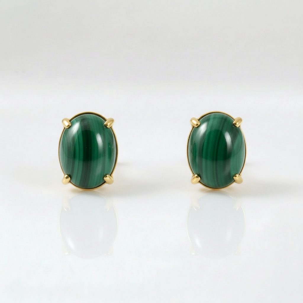 Tempo Axis malachite oval stud earrings in 18kt gold vermeil over sterling silver | Cirque D'Or Canada USA