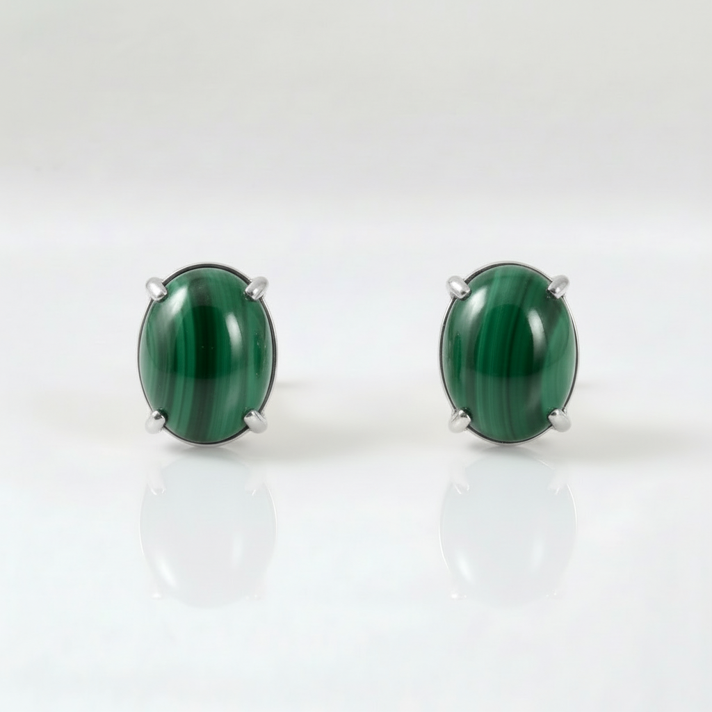 Tempo Axis malachite oval stud earrings in rhodium-plated sterling silver | Cirque D'Or Canada USA