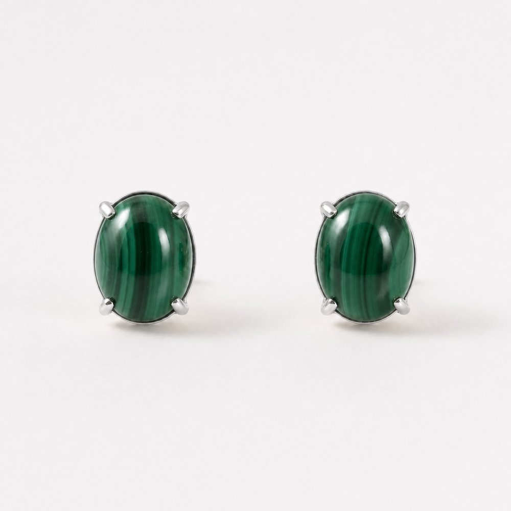 Tempo Axis malachite oval stud earrings in rhodium-plated sterling silver | Cirque D'Or Canada USA