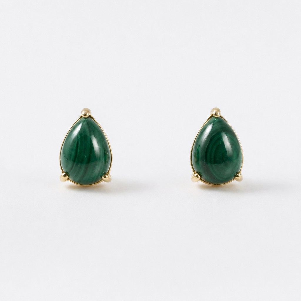 Tempo Drop malachite pear stud earrings in 18kt gold vermeil over sterling silver | Cirque D'Or Canada USA