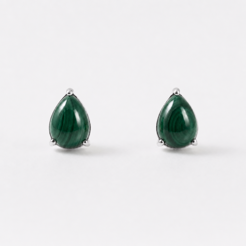 Tempo Drop malachite pear stud earrings in rhodium-plated sterling silver | Cirque D'Or Canada USA