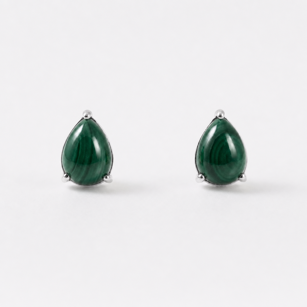 Tempo Drop malachite pear stud earrings in rhodium-plated sterling silver | Cirque D'Or Canada USA