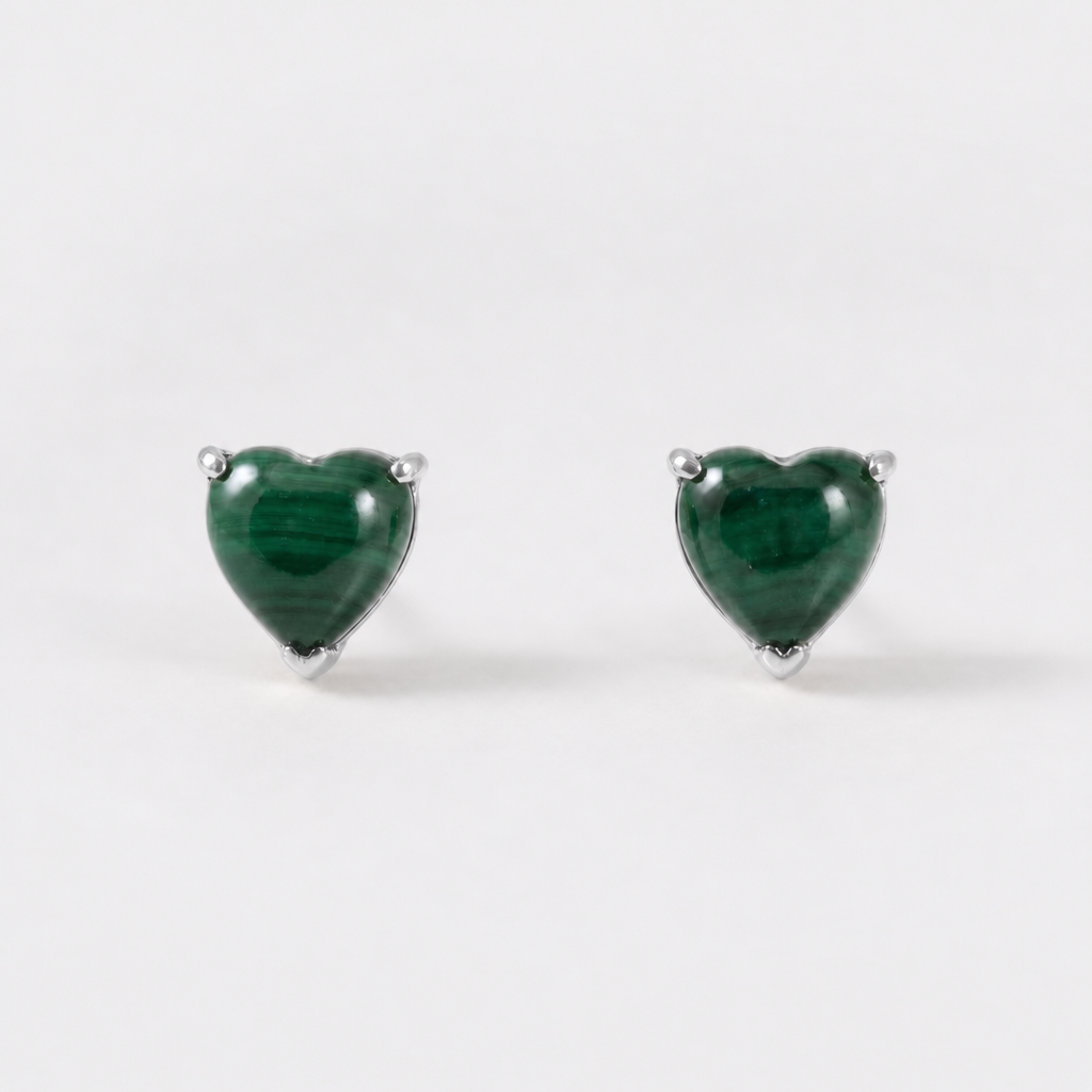 Tempo Pulse malachite heart stud earrings in rhodium-plated sterling silver | Cirque D'Or Canada USA