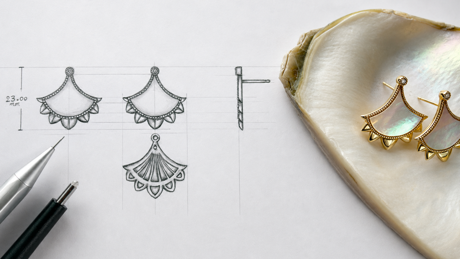 Finished Cirque D’Or Mother of Pearl jewellery shown with original design drawings