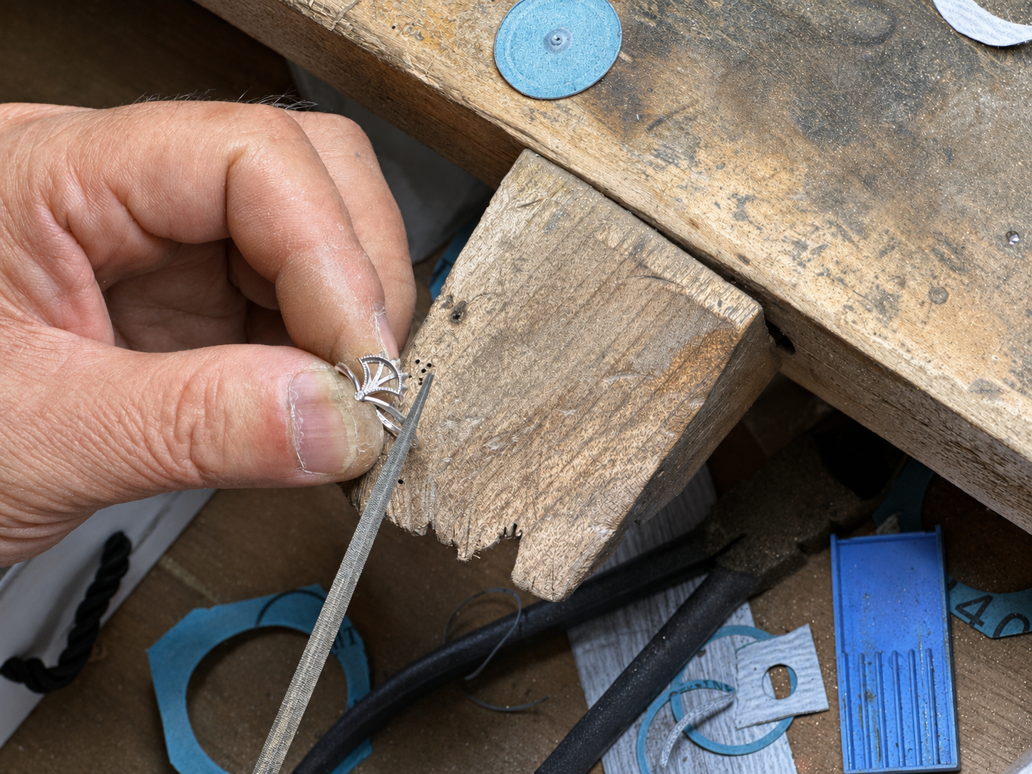 Cirque D’Or jewellery being filed and refined at the bench